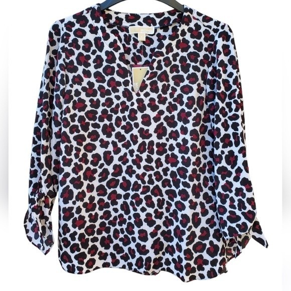 NWT Michael Kors Burgundy Leopard Print Women's Blouse - Picture 2 of 16